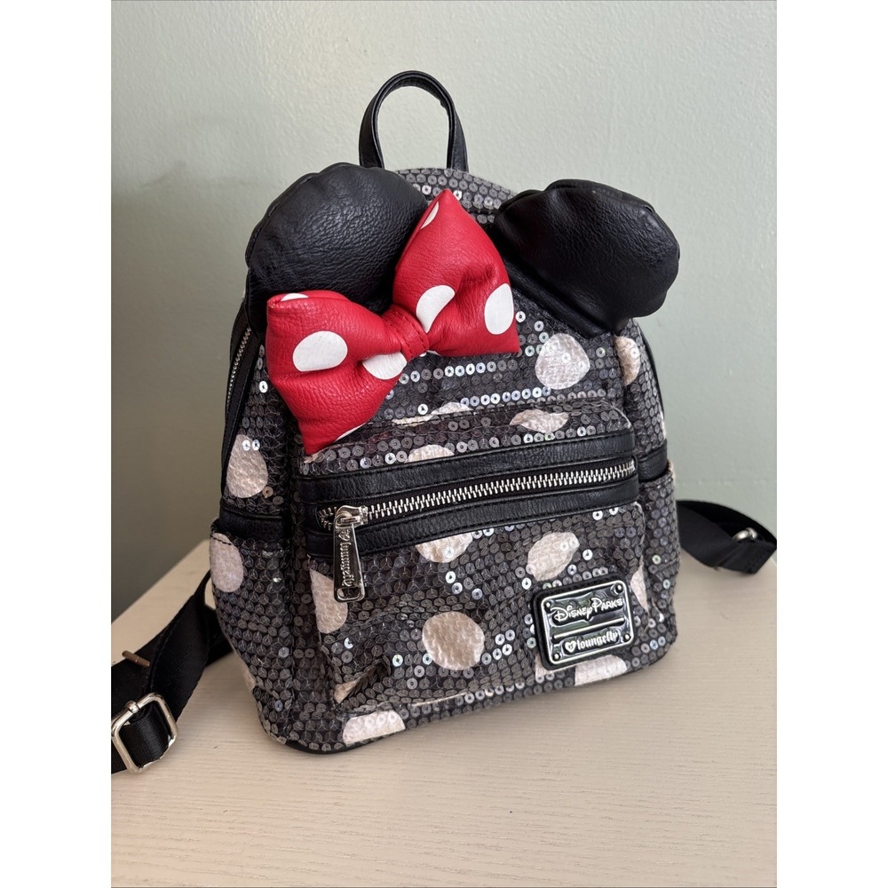 Disney Parks Loungefly Minnie Mouse Ears Sequined Black Polka-Dot Mini Backpack